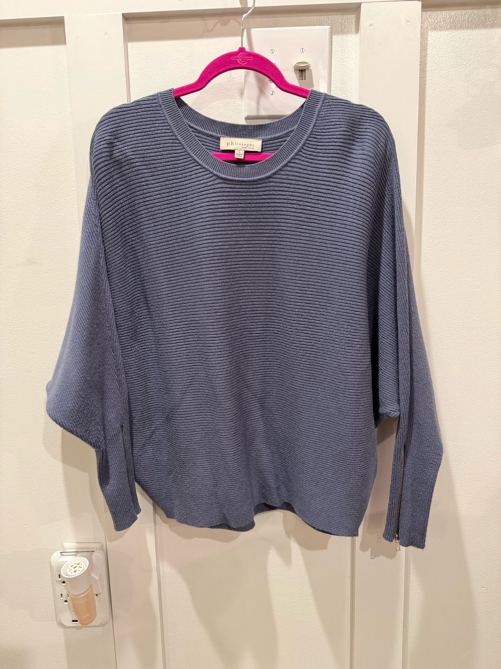 Philosophy Ribbed Crewneck Sweater - Dusty Blue with Gold Zipper Detail